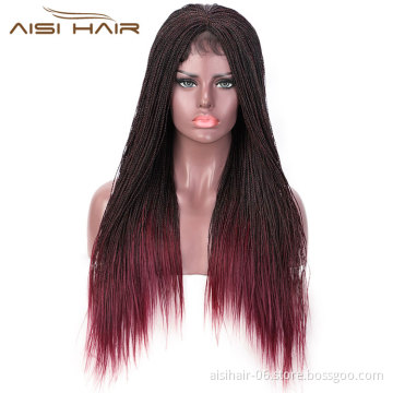 Aisi Hair Senegalese Twist Braided Lace Front Long Wigs Synthetic Ombre Wine Red Lace Front Long Braided Wigs For Black Women